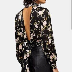 Topshop Black Floral Tie-Back Blouse